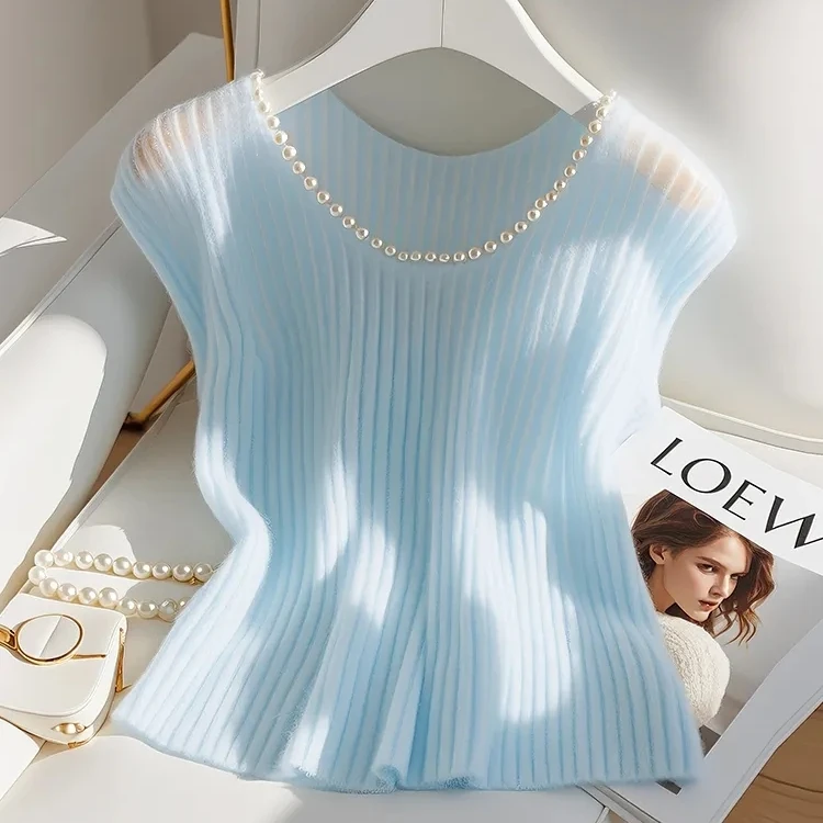 2025年夏季新款韩版时尚百搭显瘦针织衫女设计感小众短袖上衣