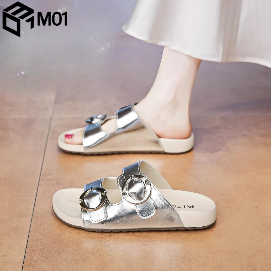 M01吐司勃肯拖鞋女夏季外穿配裙子孕妇一字拖时尚银色沙滩凉拖