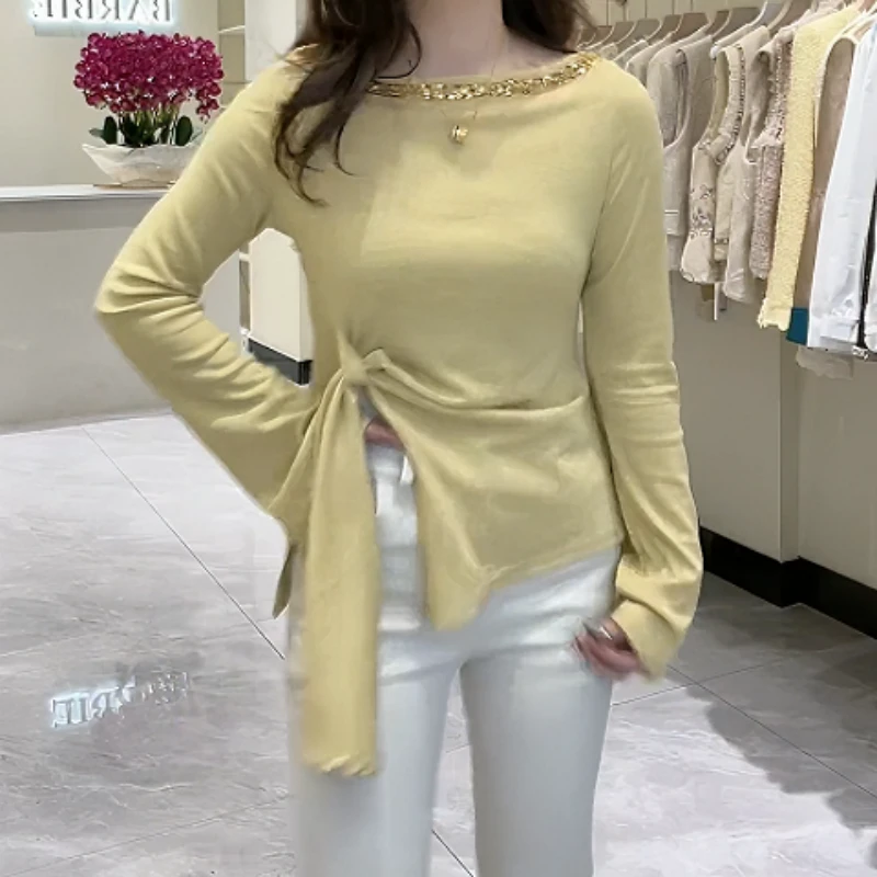 春季新款长袖打底衫烫钻修身不规则纯欲风T恤女LK2501938