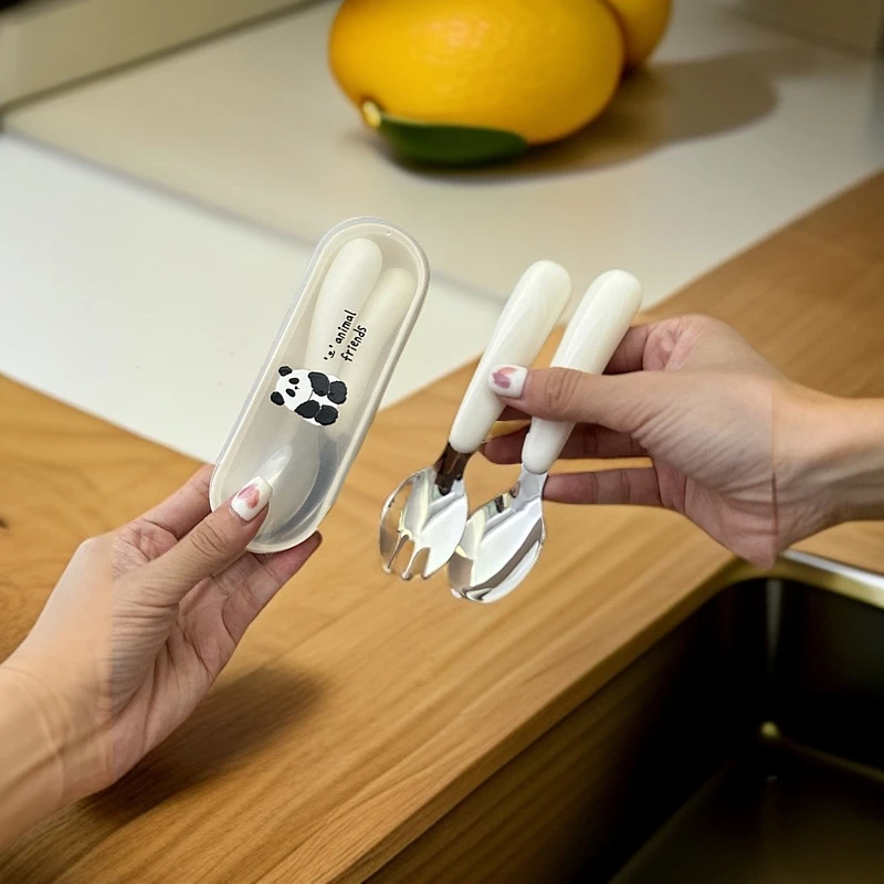 可儿亲·304不锈钢便携宝宝餐具套装熊猫儿童叉勺套装勺子小学生