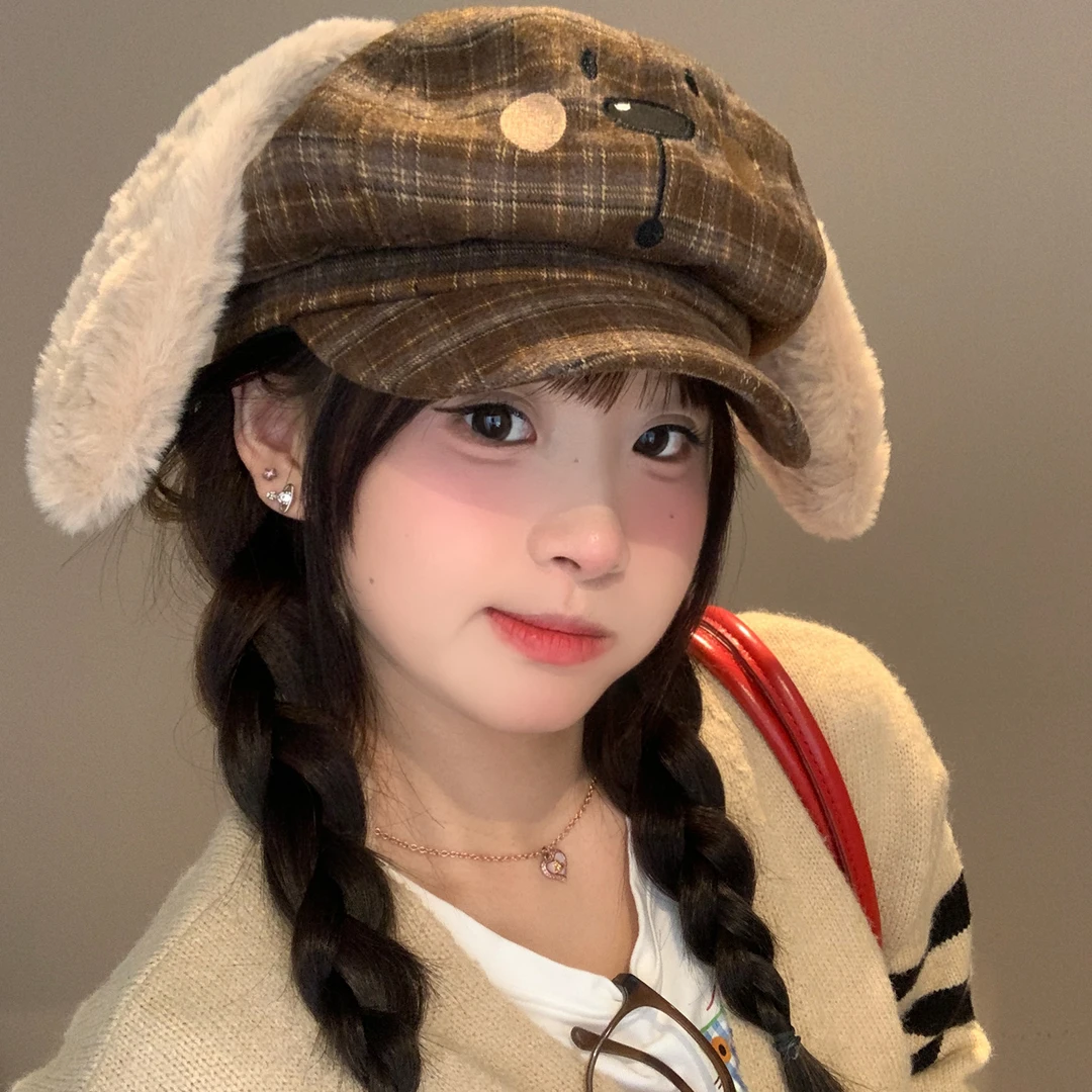 日系可爱小狗耳朵格纹八角鸭舌贝雷帽女秋冬季百搭显脸小画家帽子