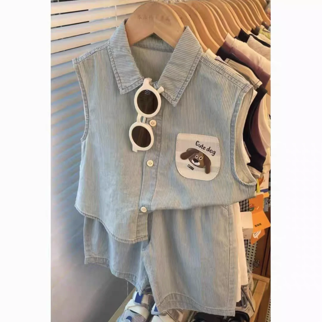 男童套装夏季2025款新款薄款儿童衬衫无袖休闲韩版两件套