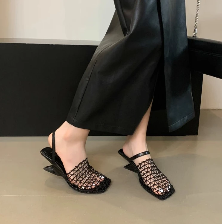 新款年轻妈妈鞋~高跟网面包头拖鞋夏季外穿高级感新款时尚百搭鞋