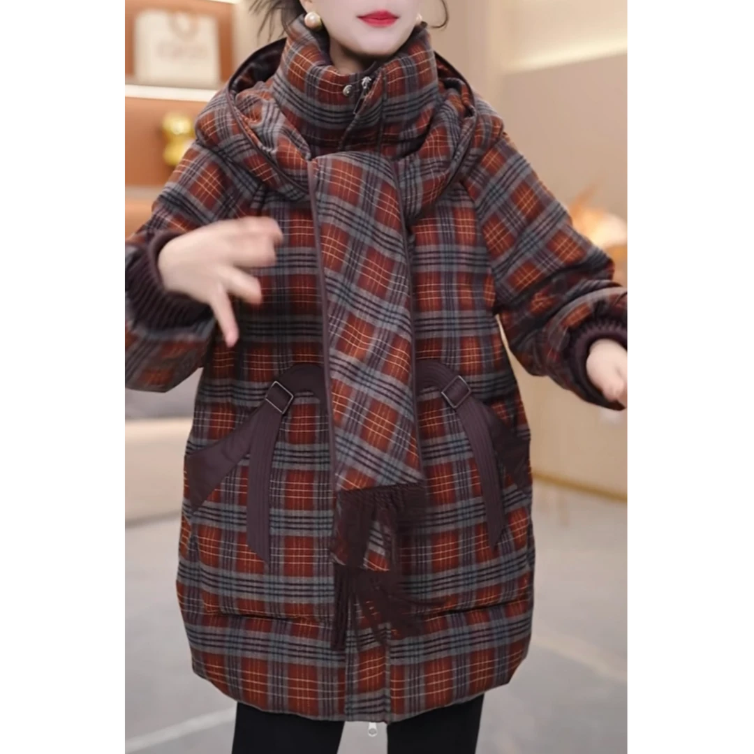 连帽格纹气质保暖时尚加厚羽绒服新款宽松2025年冬季【SJYH3901】