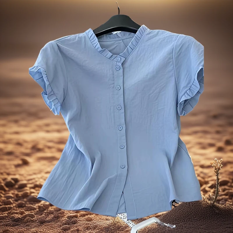 新款流行蓝色多巴胺短袖上衣夏季爆款小衫洋气时尚潮通勤百搭衬衫