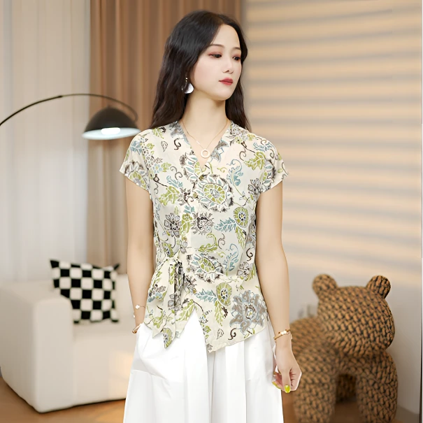 夏季新款时尚复古花色气质系带收腰T恤洋气减龄百搭遮肉显瘦上衣