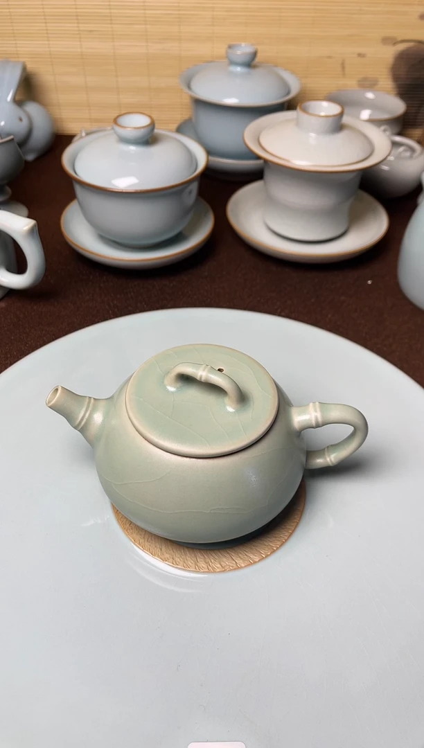 清仓特价-微瑕仿古翠绿釉纯手工竹节石瓢壶