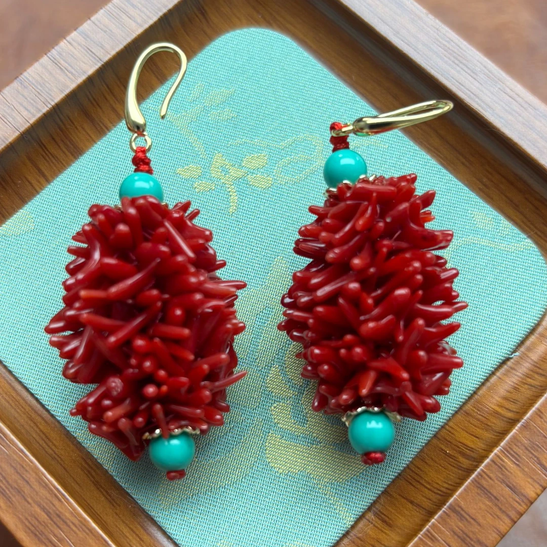 非金属珐琅耳饰 红色 原汁雕刻耳环 V110