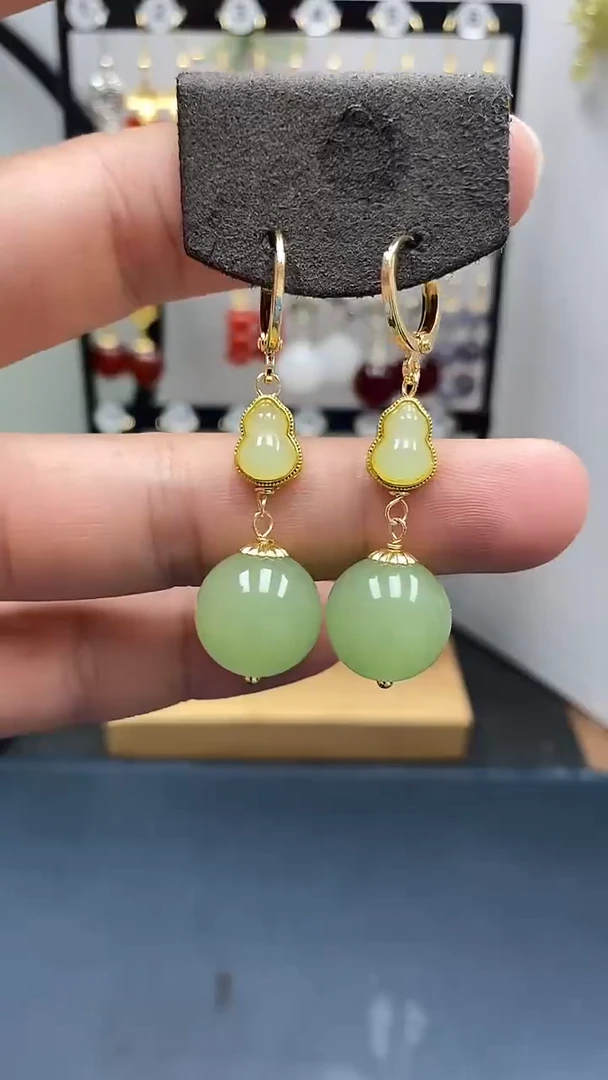 和田玉银S925镀金镶嵌耳饰尺寸14mm耳扣Z1