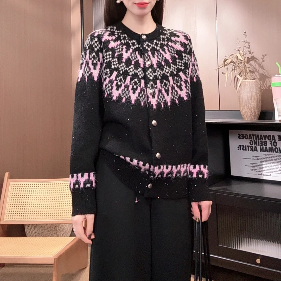 相菲一冬季新款费尔岛加厚针织开衫外套女 法式复古慵懒风毛衣