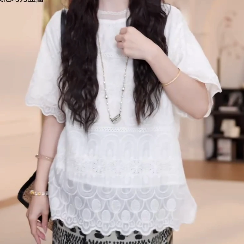 2025夏季新薄款波浪边百搭花边开叉短袖LK2505102