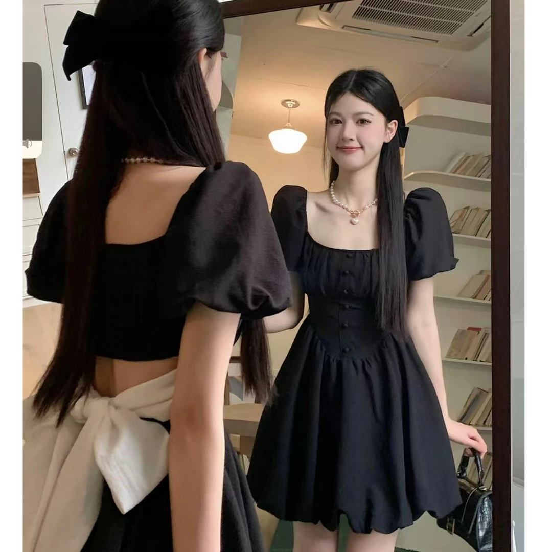 大码微胖MM甜酷纯欲后背系带蝴蝶结显瘦一字领小黑裙连衣裙