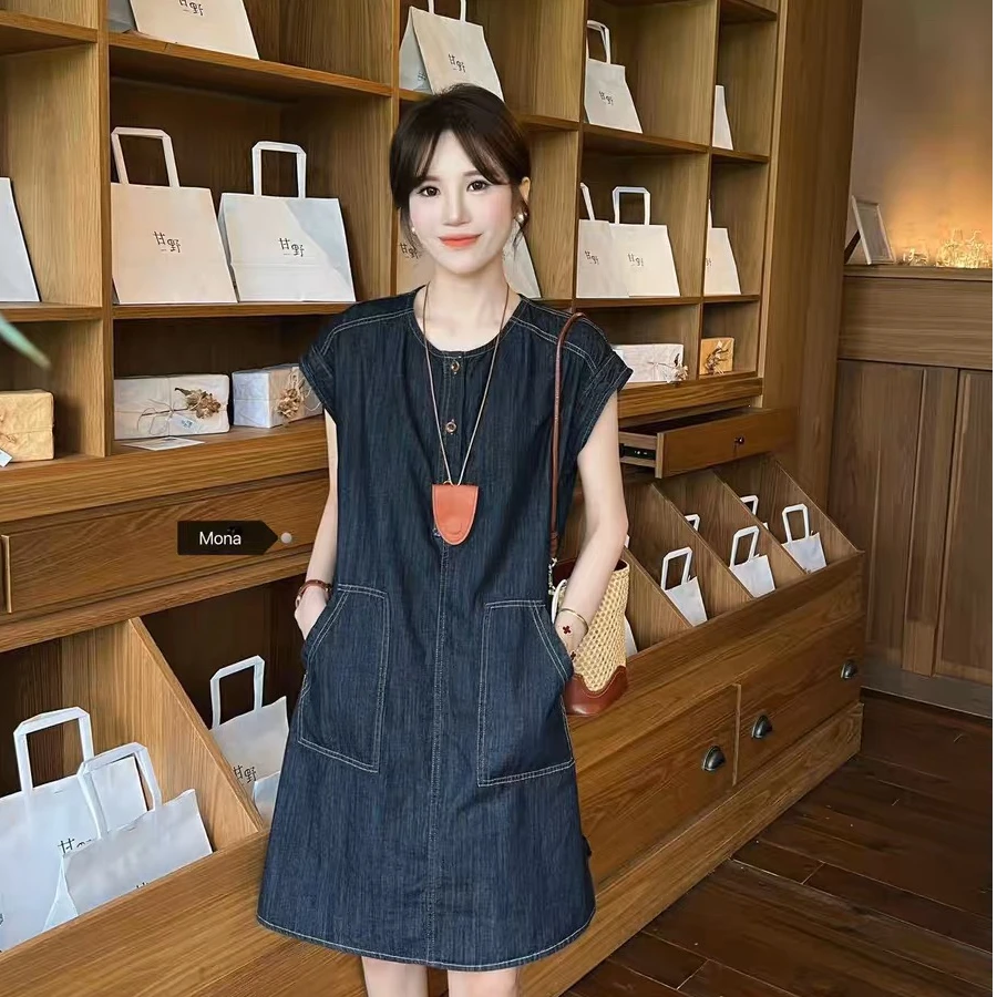 法式复古圆领背心连衣裙女2025夏季新款韩版宽松显瘦牛仔长裙