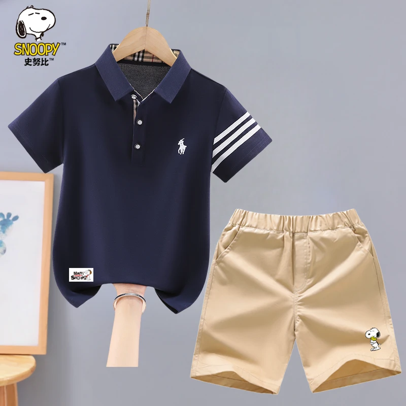 史努比男童短袖套装夏装2025新款洋气中大童男孩翻领polo衫两件套