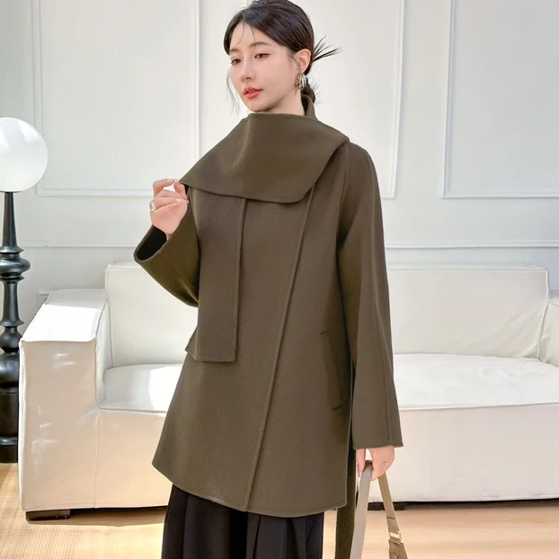 大衣外套西装厚春秋上衣秋季毛呢外套连帽V领宽松型休闲