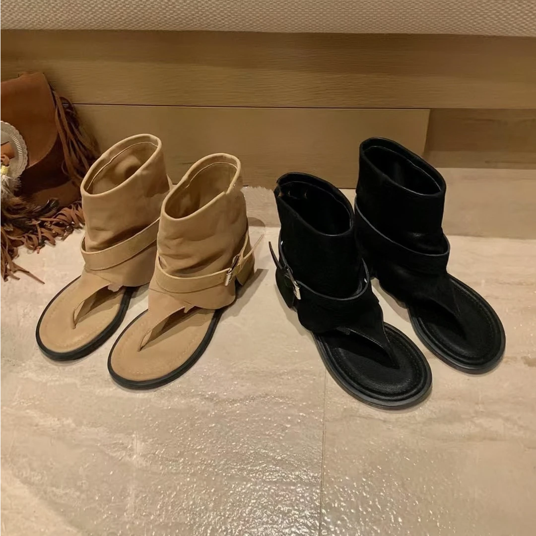 时装凉鞋镂空韩版凉靴复古休闲皮带扣夹趾厚底