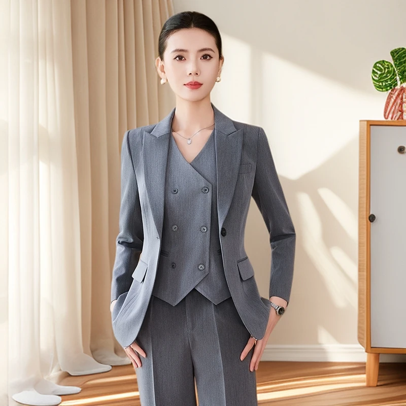 灰色西装马甲裤子三件套女高级感职业正装商务经理工作服西服外套