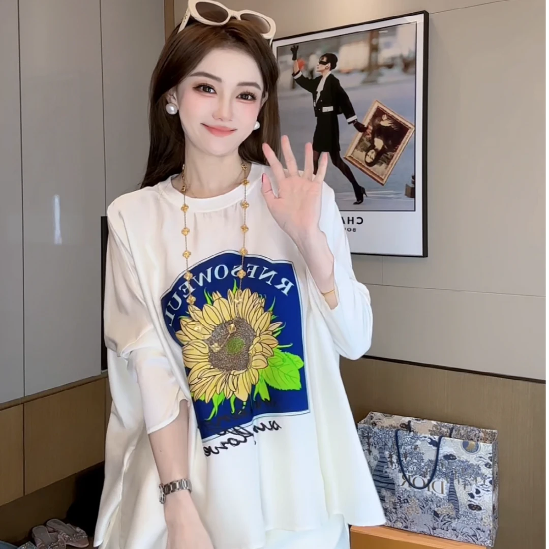 【丝芙玉禄】（F479）真丝双桥条纹创意洋气创意向日葵桑蚕丝t恤上衣