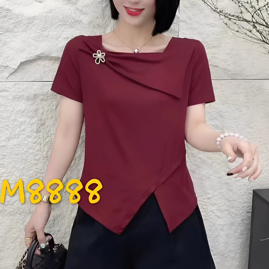 晓琳家 8888 不规则斜领短袖修身气质短款打底衫上衣女装