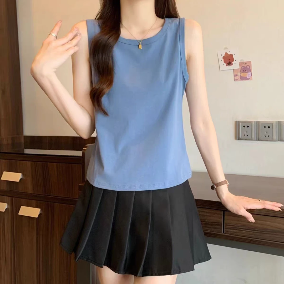 2025新款纯棉白色掐腰正肩背心吊带t恤无袖女显瘦辣妹短款打底衫