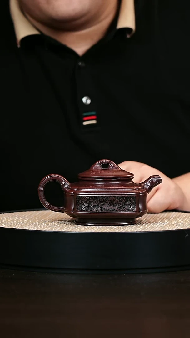 茶壶紫砂双线竹鼓 明红砂