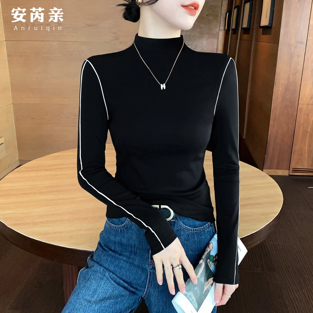 撞色半高领打底衫女黑色长袖2025新款秋冬季洋气百搭显瘦立领上衣