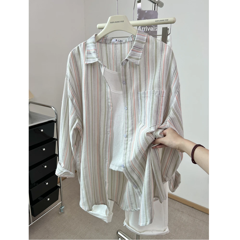 条纹衬衫秋款衬衣外搭女装秋款宽松慵懒长袖开衫外套上衣百搭