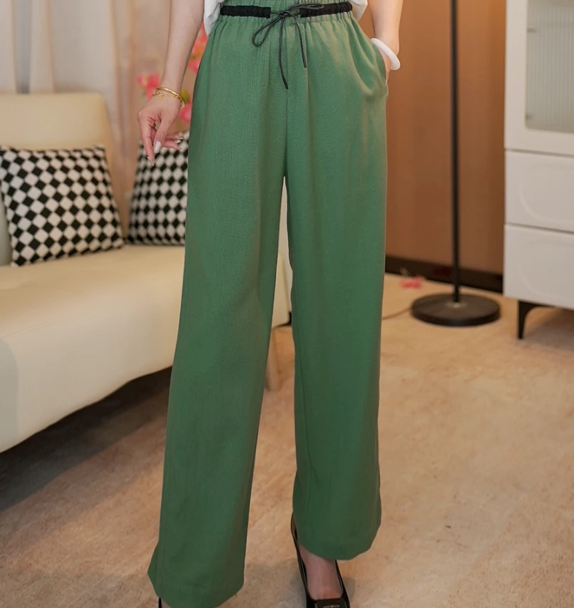 2025春夏新款高级感宽松休闲抽绳直筒裤松紧高腰显瘦欧若风穿搭