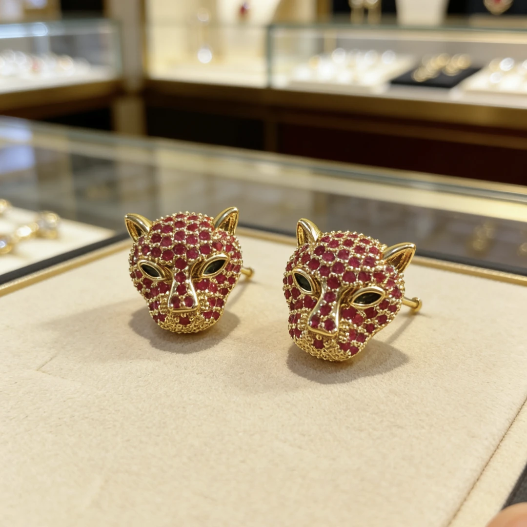 铜合金合成锆石耳饰 铜合金合成锆石豹子头耳钉 轻奢小众风8158