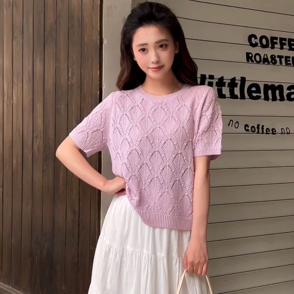 2025春夏季新款时尚百搭V领短袖和纸纱针织衫女宽松显瘦长袖上衣