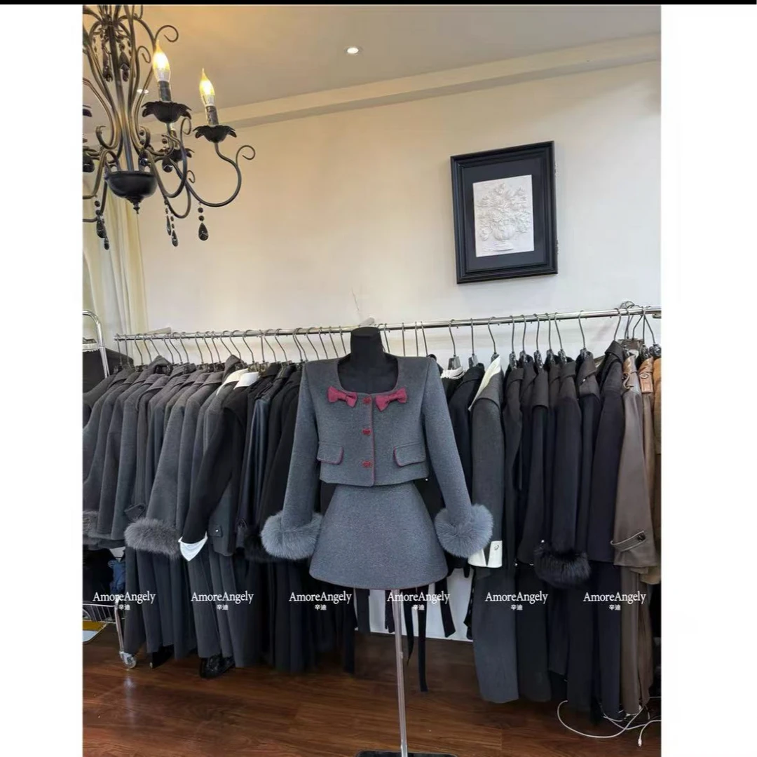 【青青定制】T4418大码女装时尚轻奢百搭韩版灰色外套+半身裙两件套