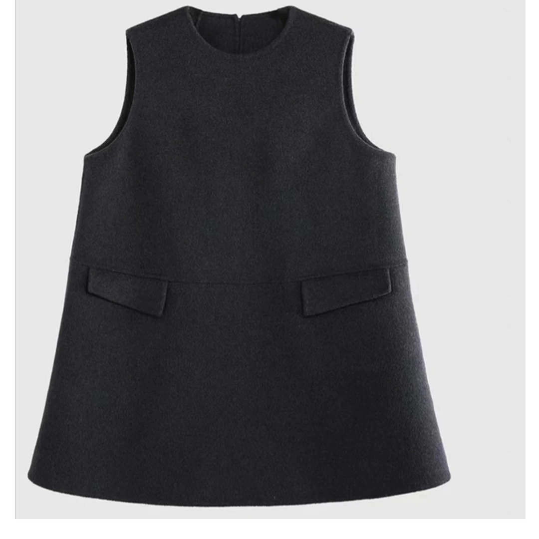 【希希定制】春秋圆领叠穿绵羊毛双面呢马甲连衣裙气质针织时尚黑色