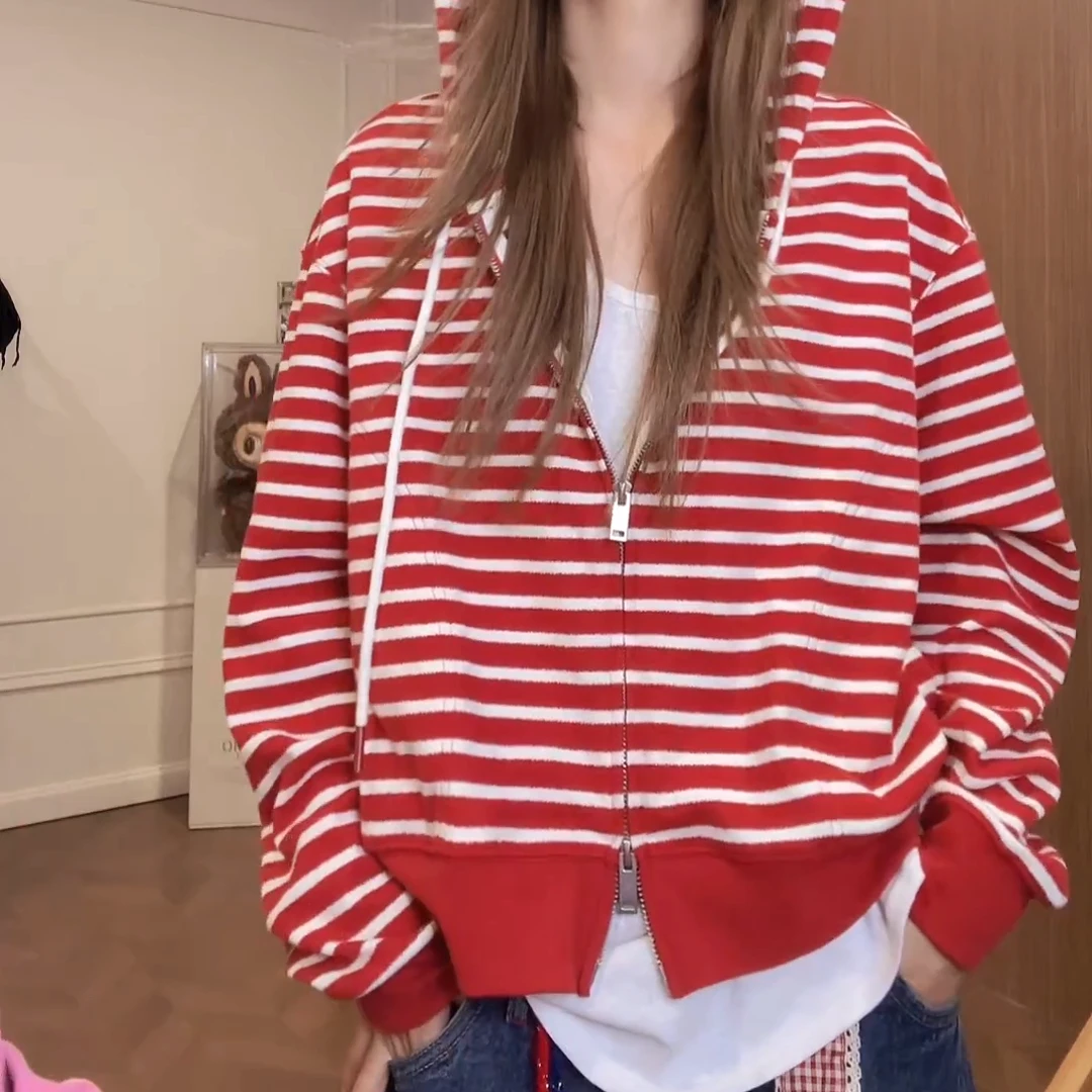 【条纹日记】设计感条纹拼接连帽卫美式休闲针织上衣C6171