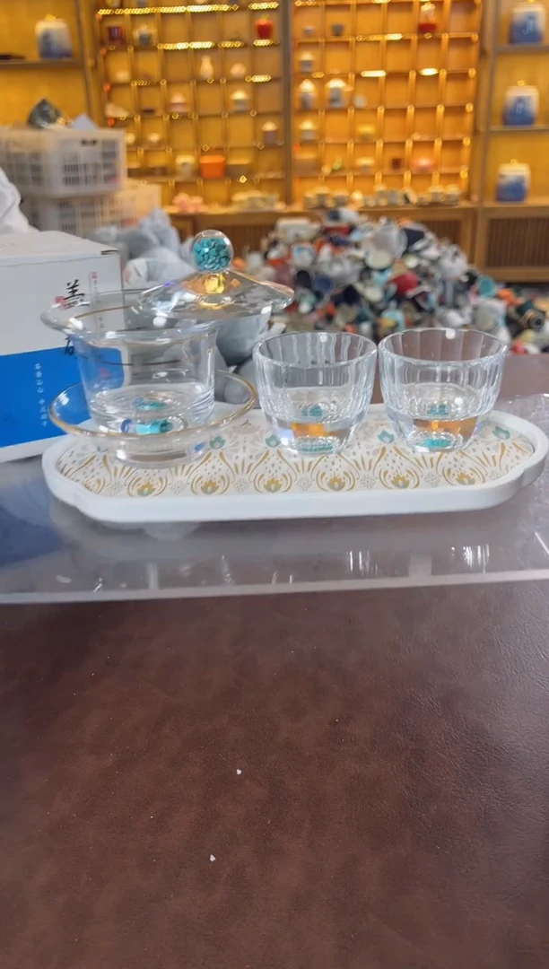 瓷片鸣盏居11111111水晶盖碗+2杯+茶盘