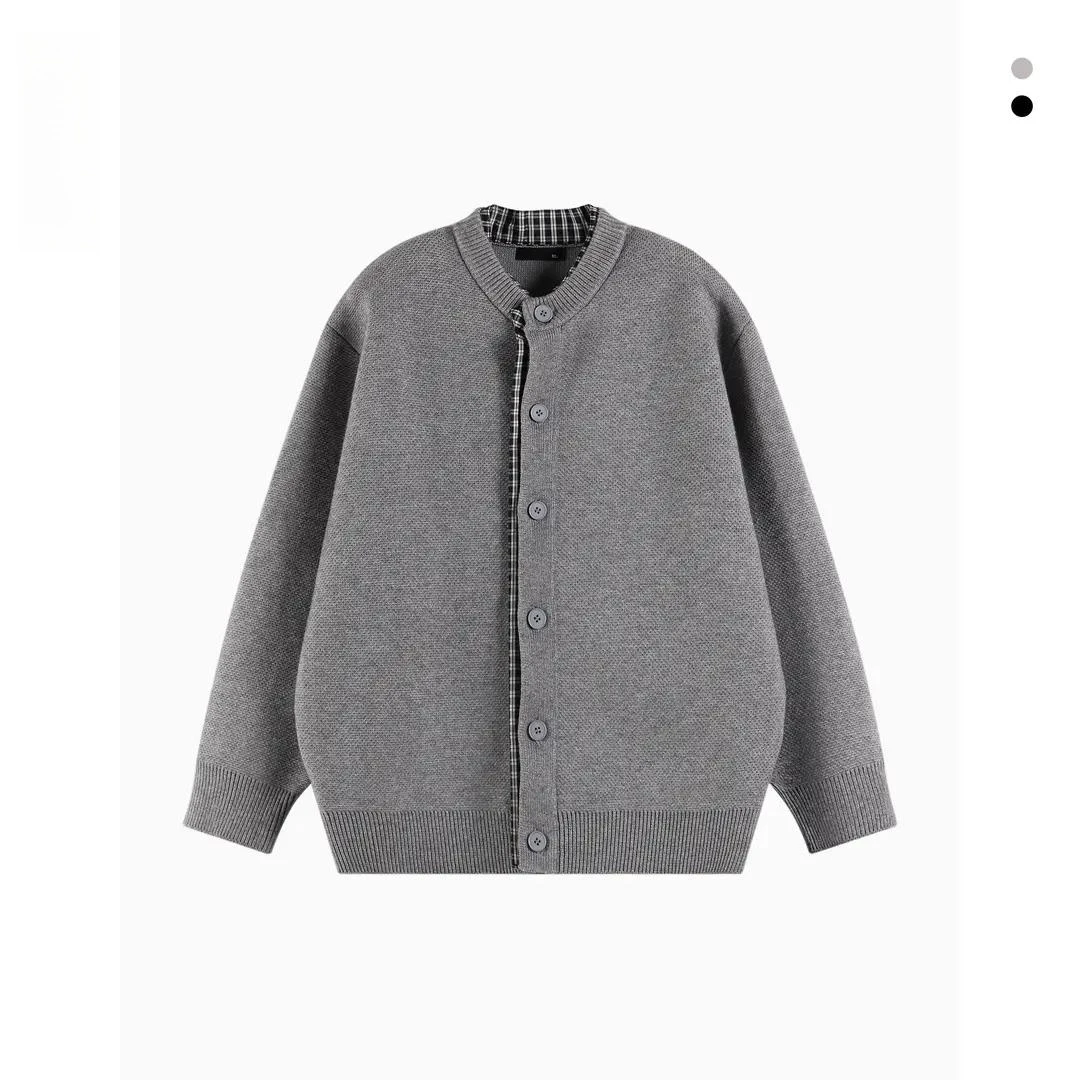 2025秋冬季新款针织衫男士宽松设计感格子拼接假两件开衫毛衣外套