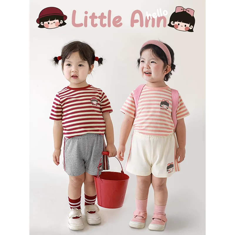【场仔】宝宝运动套装夏季新款卡通女童短裤T恤条纹休闲两件套0718