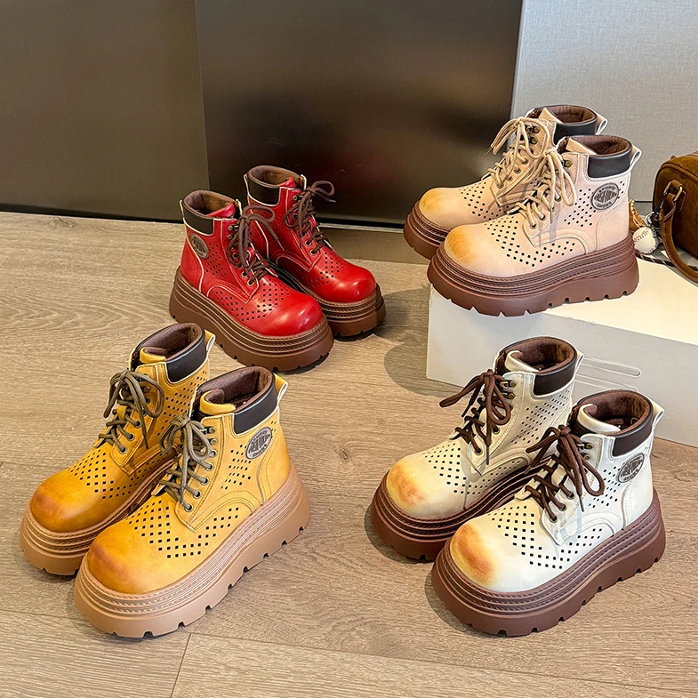 厚底镂空透气短筒靴女2025秋季新款洋气百搭网红爆款系带马丁靴潮
