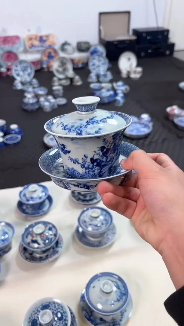 其他瓷景德镇陶瓷茶具青花喜上眉梢马蹄盖碗