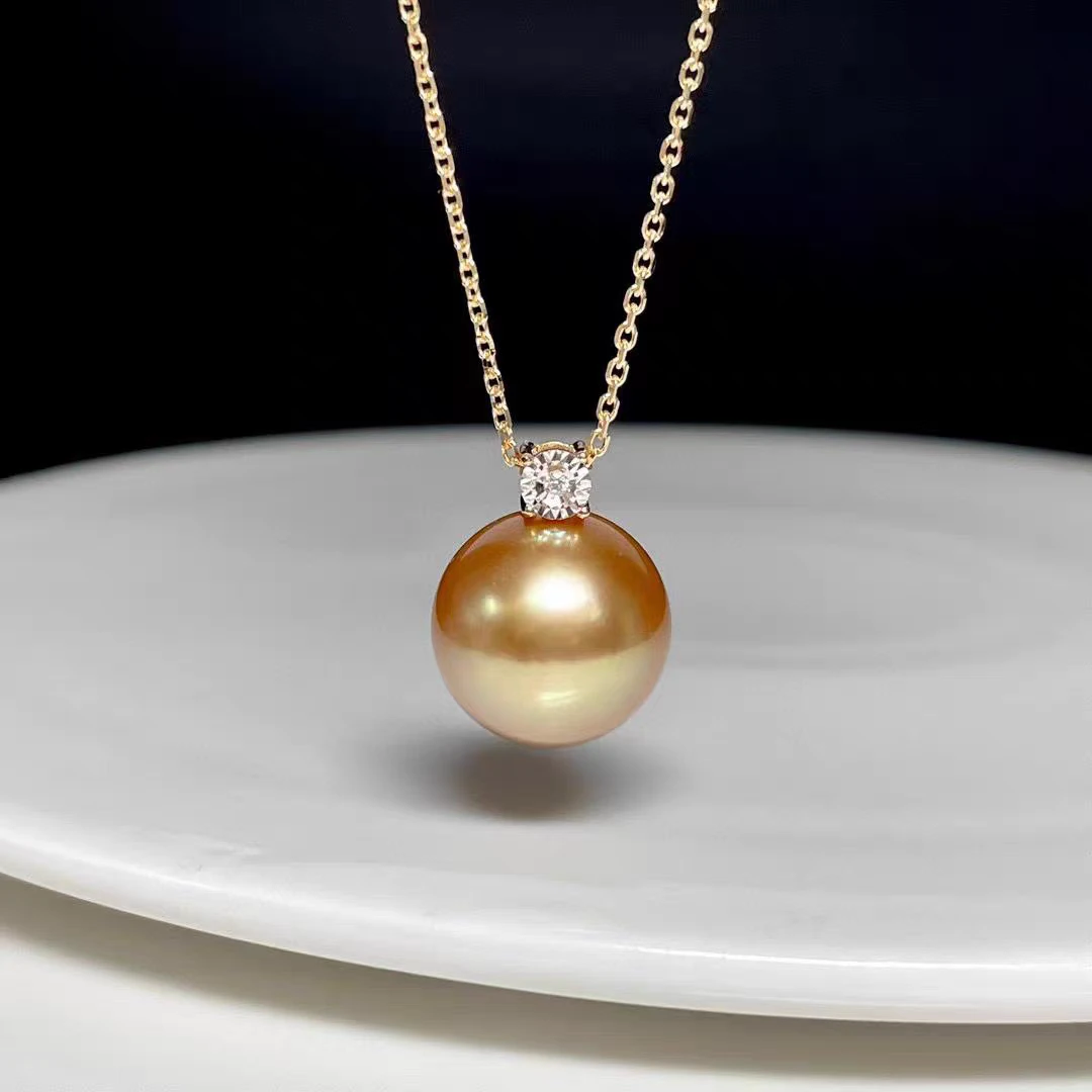 18k金浓茶金海水珍珠南洋金珠吊坠11-12mm
