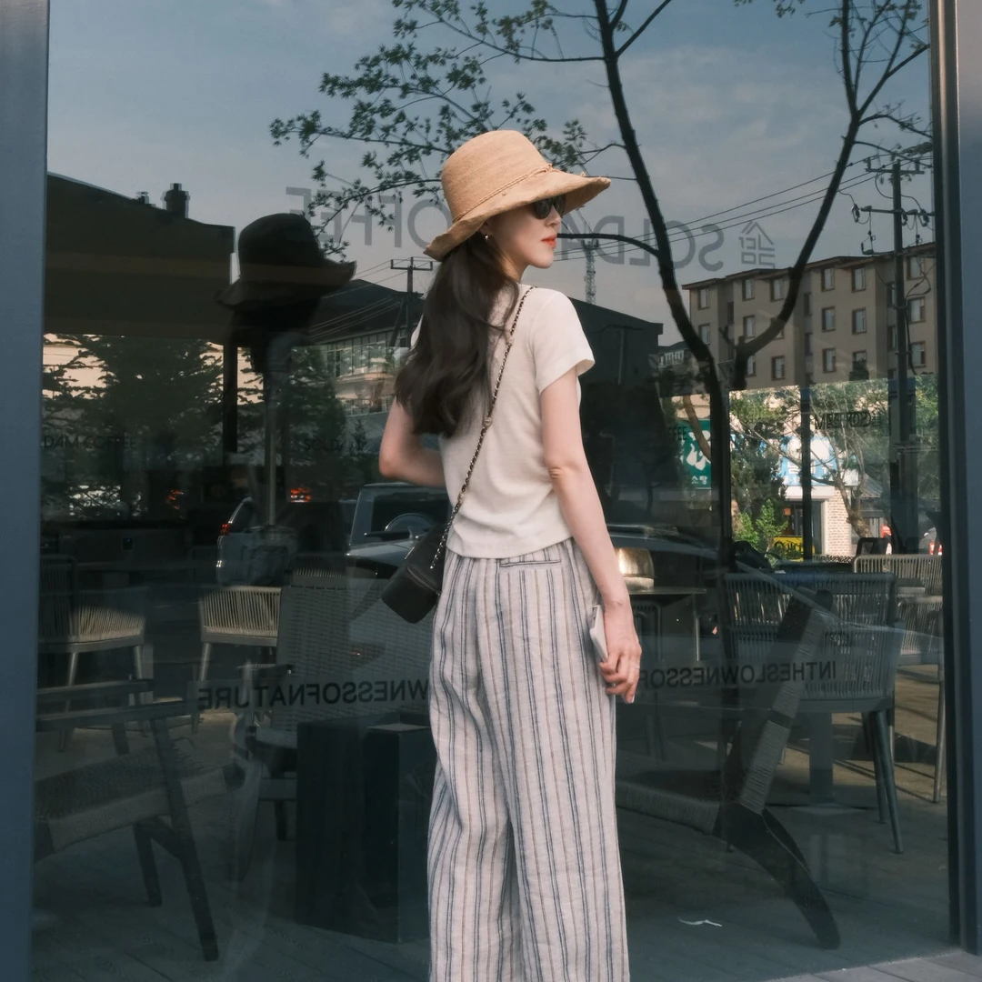 Beam Boon【可可秘境】雨露麻空气无水染色条纹立裁垂感透气直筒裤