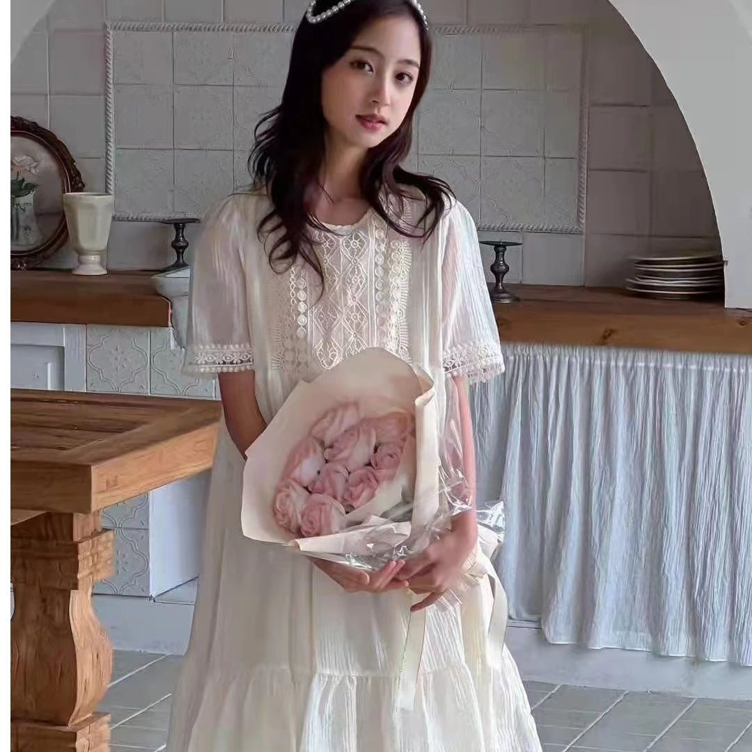 夏季新款-百搭蕾丝法式气质天丝连衣裙