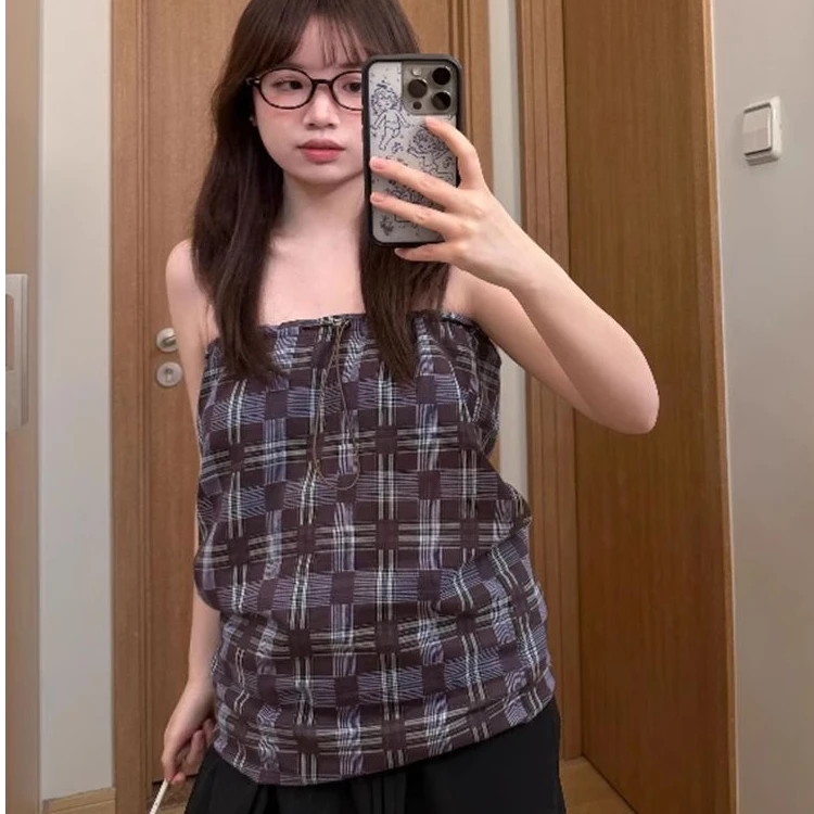 格子抹胸小众两穿女夏季新款高腰百搭垂感半身裙宽松显瘦A字长裙