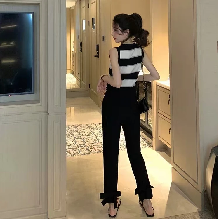 6052黑色蝴蝶结高腰显瘦西装裤女夏季新款休闲小个子显高直筒长裤