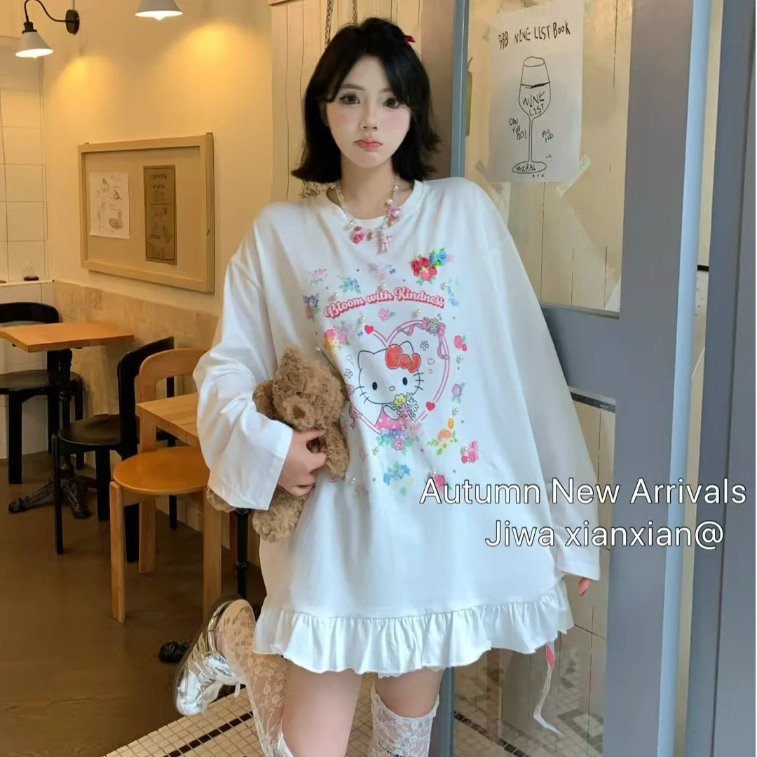 清版~2025早秋新款减龄重工钉珠可爱花边猫咪印花T恤裙子女