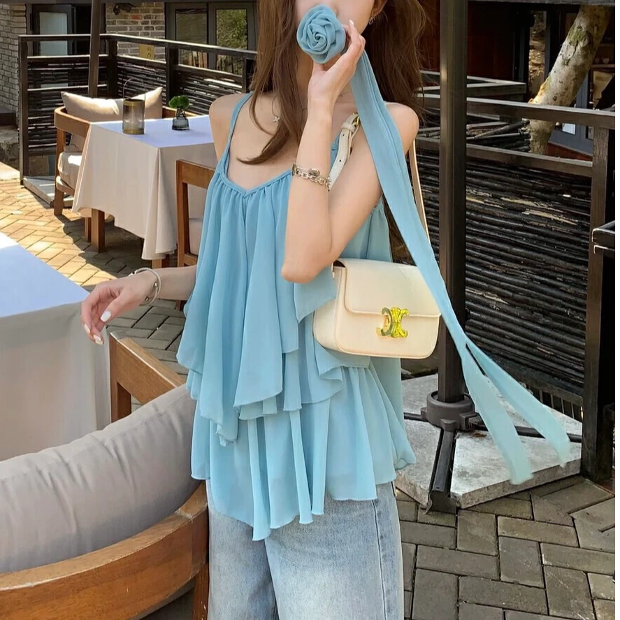 韩系多巴胺荷叶边花朵飘带吊带V领雪纺背心夏季设计感宽松上衣716