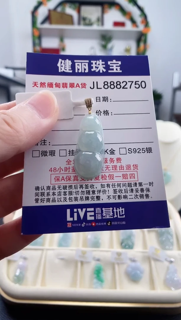 颈饰18K金镶嵌翡翠天然缅甸翡翠 富贵豆(一物一证)+银链
