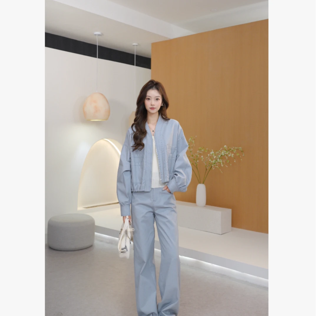 Basic House/百家好套装女春秋新款短款拉链外套阔腿裤两件套