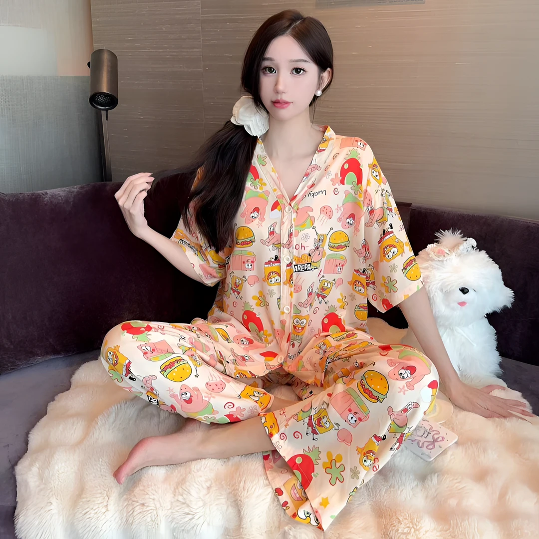 【海绵宝宝短袖】少女卡通可爱甜美韩版舒适宽松绵绸睡衣套装春夏