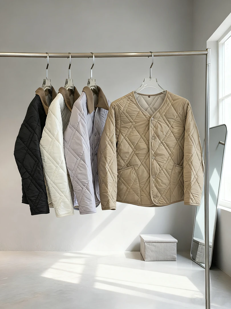 巴恩风男女情侣复古改良菱形格绗缝绵羊毛暖层充气绒可拆翻领棉衣