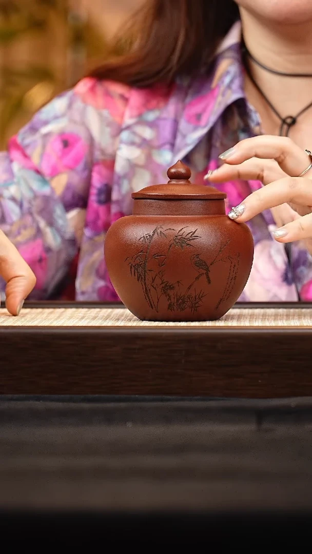 紫砂茶叶罐J竹鸟茶叶罐